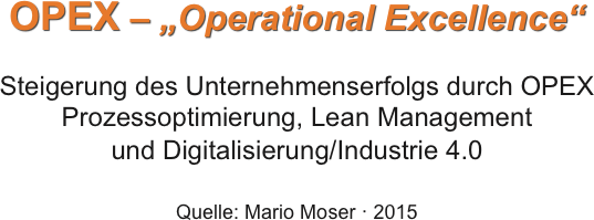 OPEX – „Operational Excellence“

Steigerung des Unternehmenserfolgs durch OPEX Prozessoptimierung, Lean Management  und Digitalisierung/Industrie 4.0 
Quelle: Mario Moser · 2015